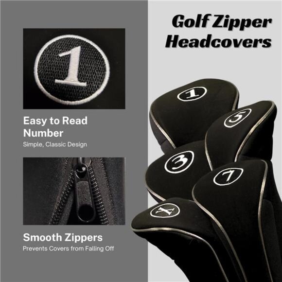 Black Golf Zipper Head Covers Driver 1 3 5 7 X Fairway Woods Headcovers Metal - Picture 3 of 7